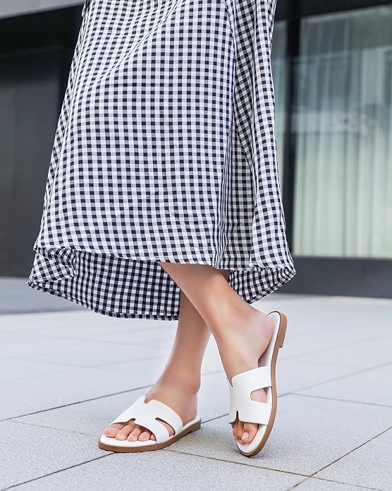 Womens Flat Sandals Dressy Summer Slides Comfortable Casual Open Toe Vacation Sandals Slip On Slides Leather Sandals For Women