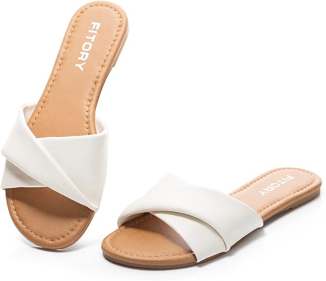Fitory Women'S Flat Sandals Fashion Slides With Soft Leather Slippers For Summer Size 6-11