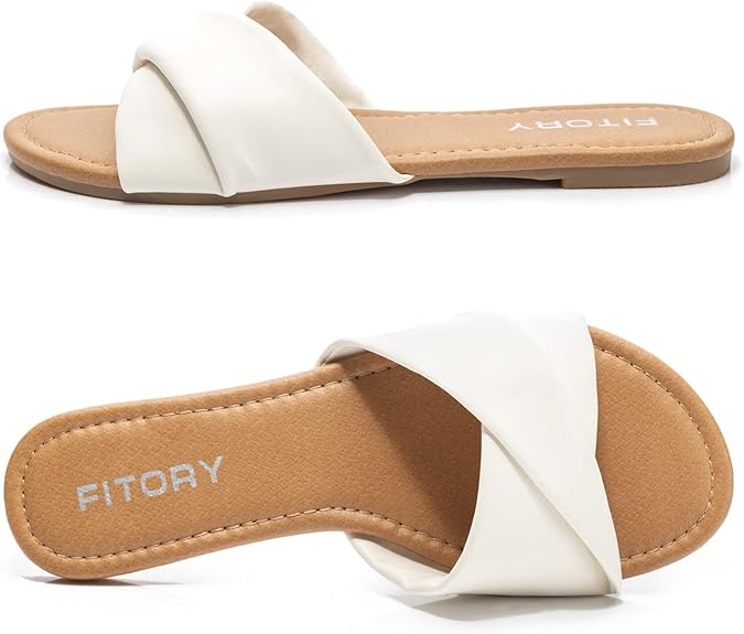 Fitory Women'S Flat Sandals Fashion Slides With Soft Leather Slippers For Summer Size 6-11
