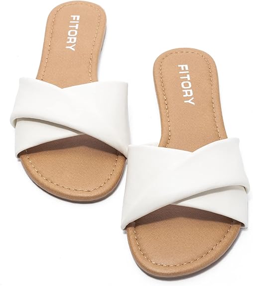 Fitory Women'S Flat Sandals Fashion Slides With Soft Leather Slippers For Summer Size 6-11