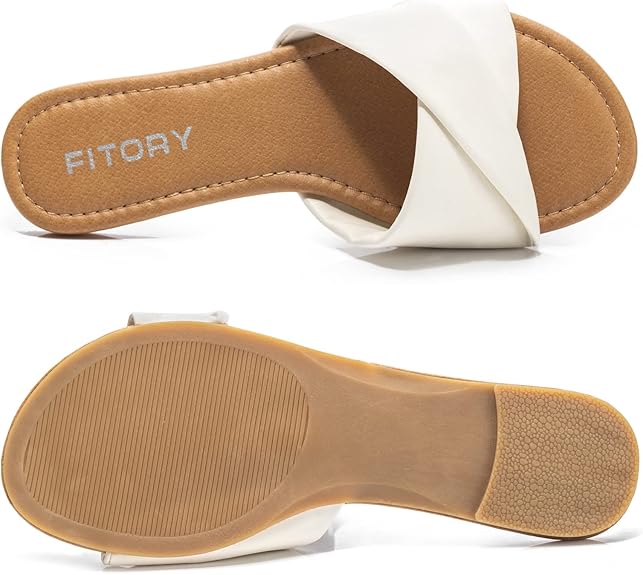 Fitory Women'S Flat Sandals Fashion Slides With Soft Leather Slippers For Summer Size 6-11