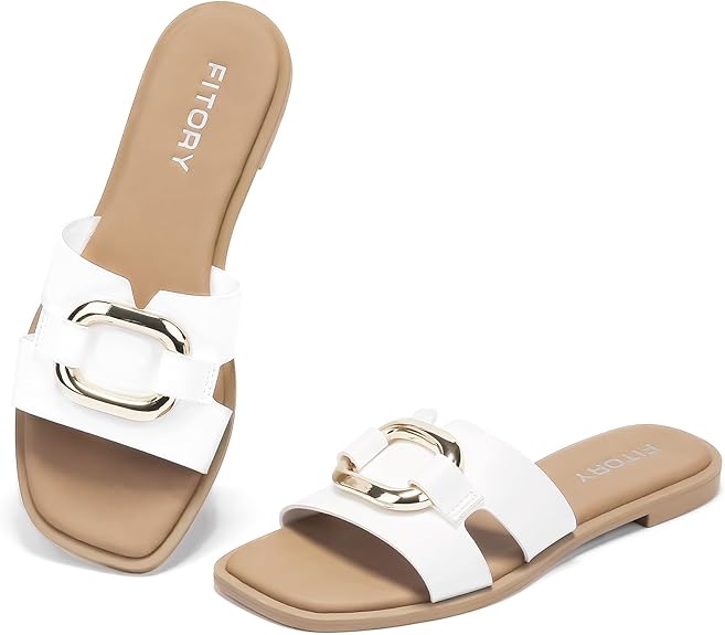 Fitory Women'S Flat Sandals Fashion Square Open Toe Slides With Metal Chain Slippers For Summer Size 6-11
