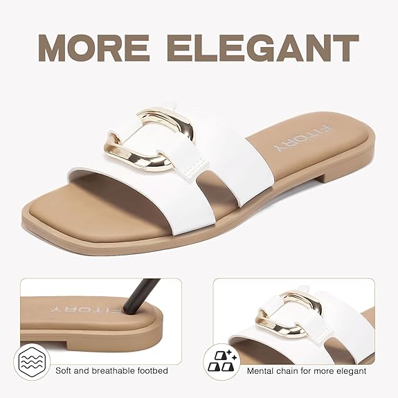 Fitory Women'S Flat Sandals Fashion Square Open Toe Slides With Metal Chain Slippers For Summer Size 6-11