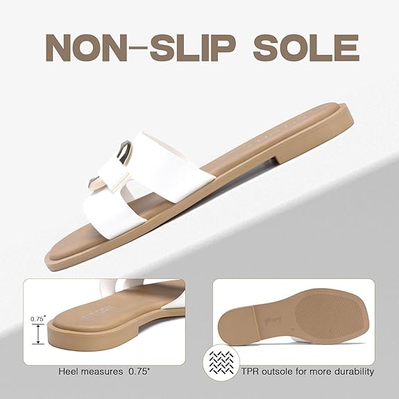 Fitory Women'S Flat Sandals Fashion Square Open Toe Slides With Metal Chain Slippers For Summer Size 6-11