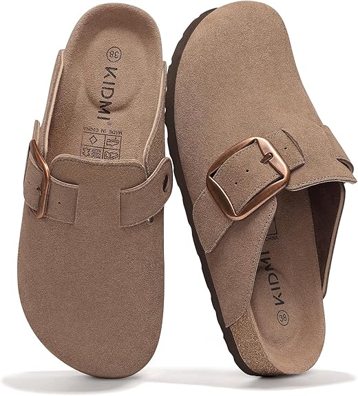 Kidmi Genuine Suede Clogs For Women Memory Foam Cork Footbed Potato Shoes Slip On Leather Mules With Big Buckle