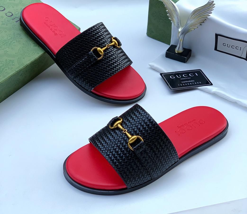 Woven Leather Slide Sandals With Horsebit Buckle