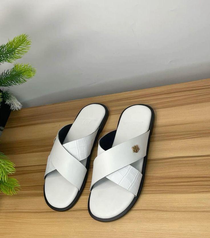 White Leather Crisscross Slide Sandals With Gold Emblem