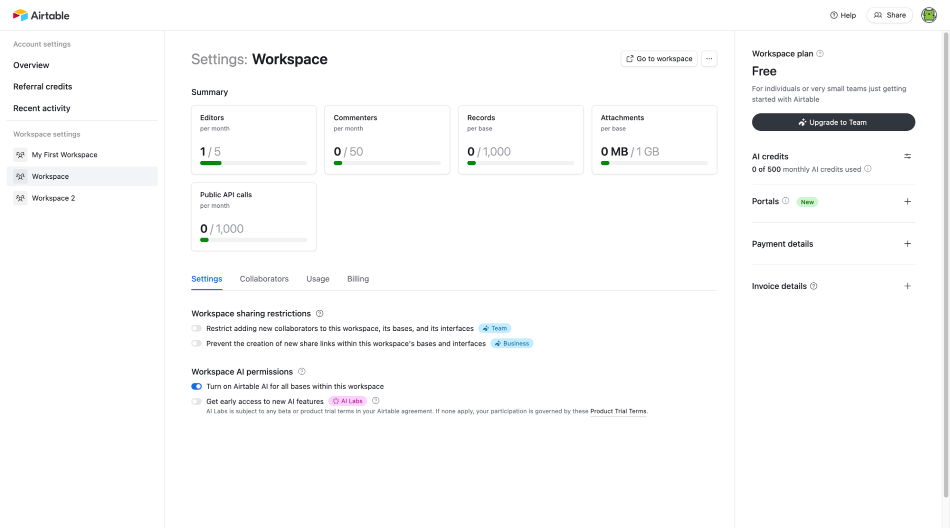 Workspace settings