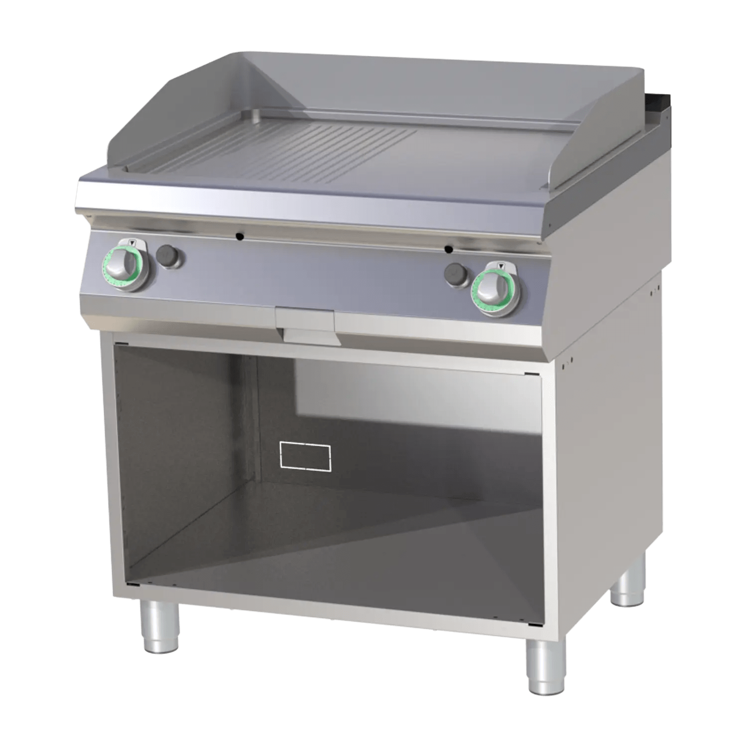 Plită fry-top combinată cromată pe dulap deschis
