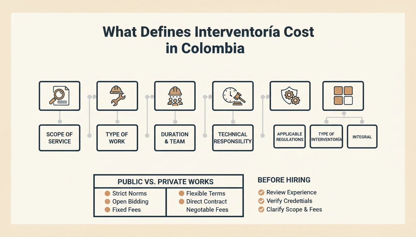 Infografía: factores del costo de interventoría en Colombia y comparación público vs. privado.