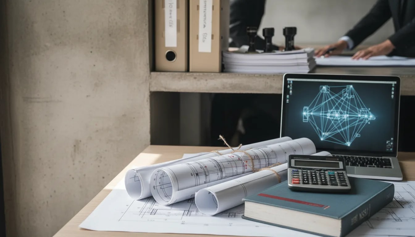 Escritorio de ingeniero estructural en Bogotá: planos de concreto y acero, calculadora, NSR-10 marcada, laptop con modelo estructural e informes de