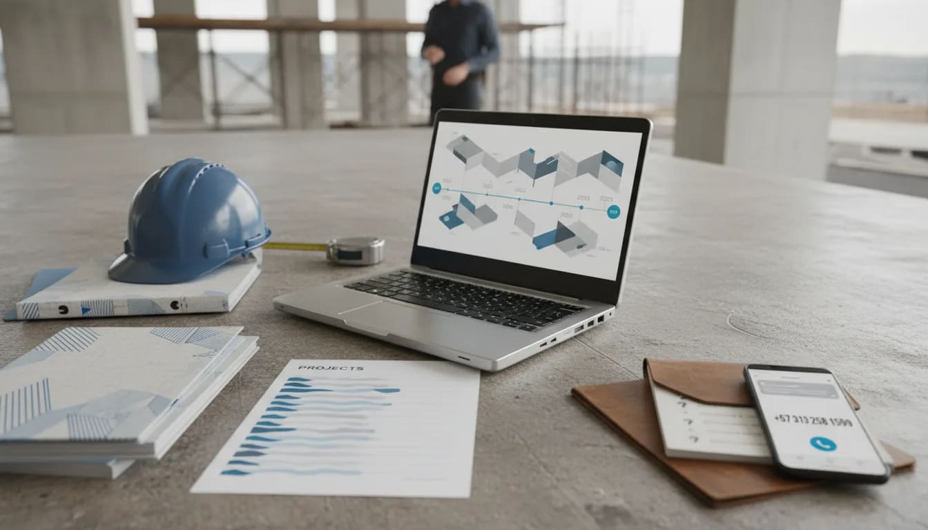 Mesa con portafolio de interventoría, informes, laptop con historial desde 2023 y WhatsApp +57 313 258 1599.