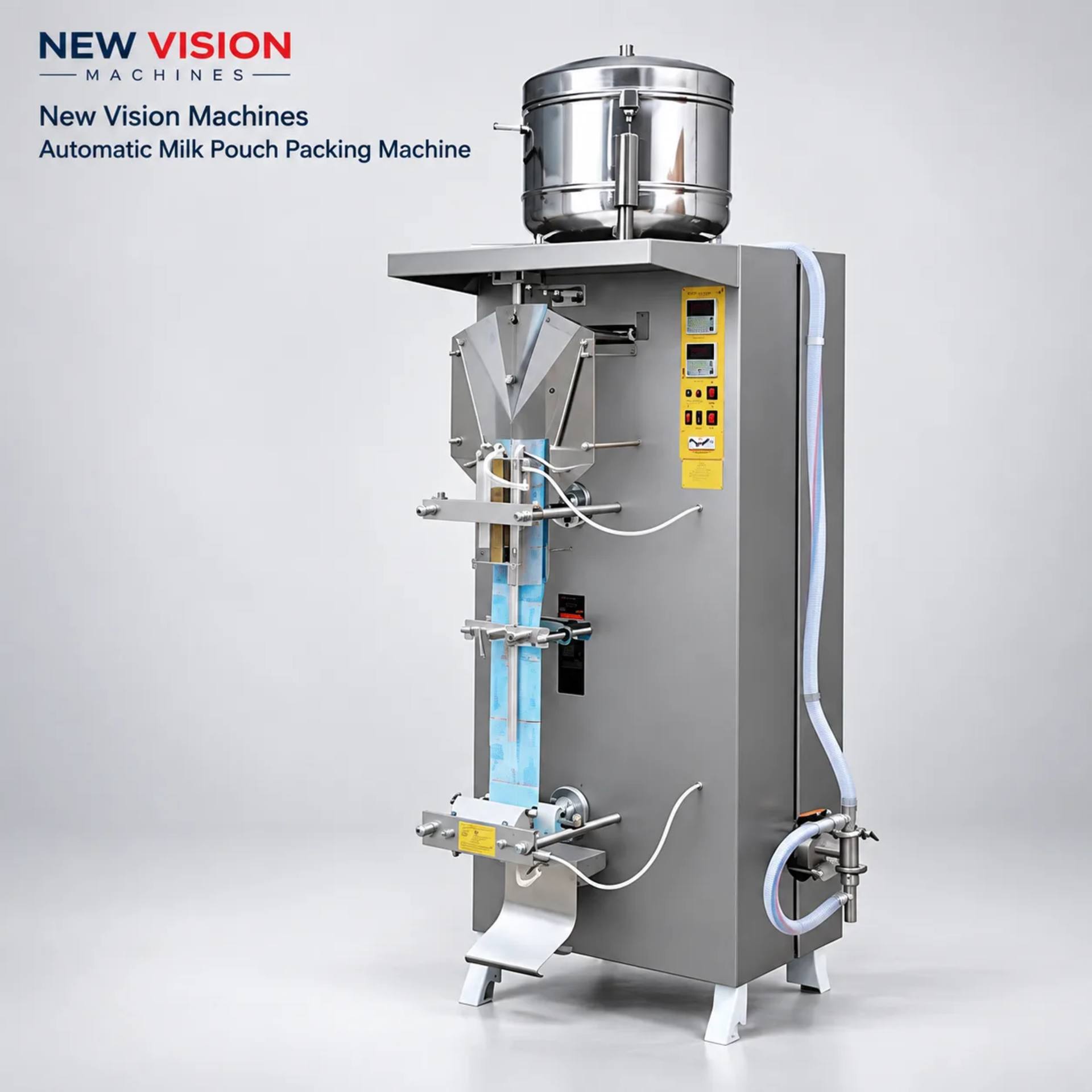 New Vision Machines Automatic Milk Pouch Packing Machine — Open Body VFFS, 200–1000 ml — Packaging Machines by New Vision Machines