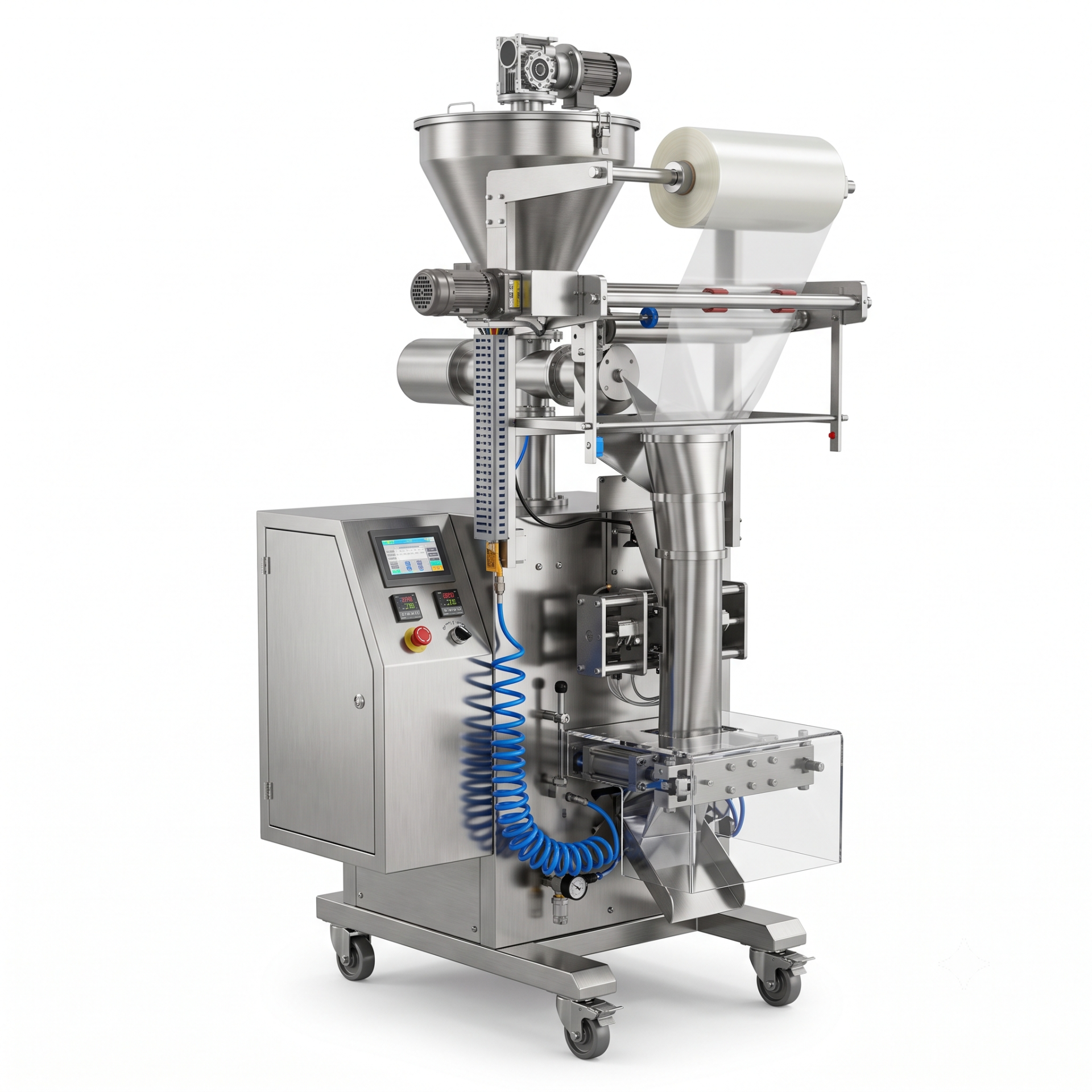 New Vision Machines Automatic Powder Pouch Packing Machine — FFS Auger Filler with Hopper Stirrer — Pouch Packing Machines by New Vision Machines