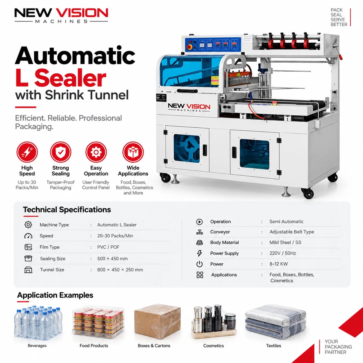 Auto L Sealer Machine — Shrink Packaging System — heavy-duty SS 304 food-grade construction & conveyor setup
