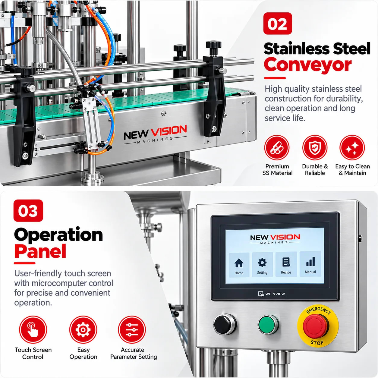 Automatic Liquid Filling Machine — Multi-Head Piston Filler — Delta PLC touch screen & automated control panel layout