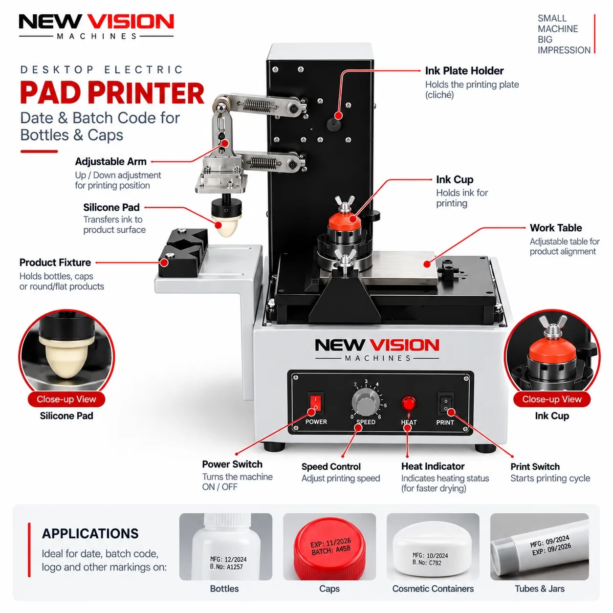 Desktop Electric Pad Printer — Date & Batch Code for Bottles & Caps — heavy-duty SS 304 food-grade construction & conveyor setup