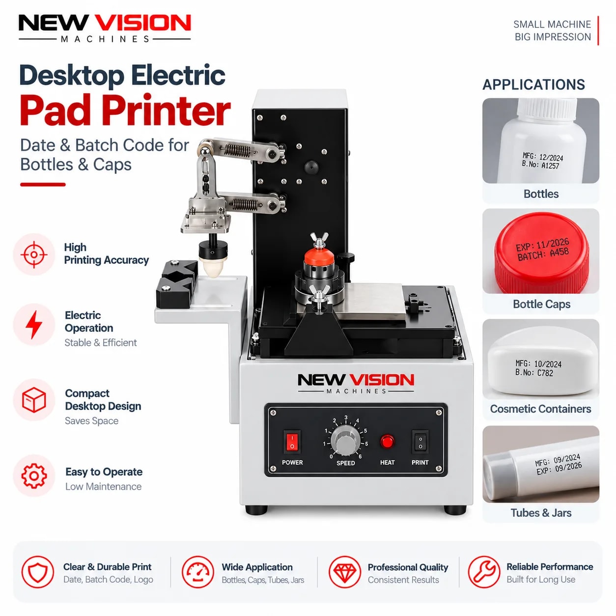 Desktop Electric Pad Printer — Date & Batch Code for Bottles & Caps — precision nozzles, filling heads & mechanical assembly