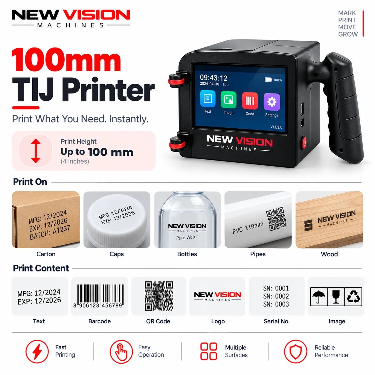 Portable Thermal Inkjet Printer — 4-inch 100mm Wide Format — packaging equipment technical specifications and build view 5 by New Vision Machines Indore