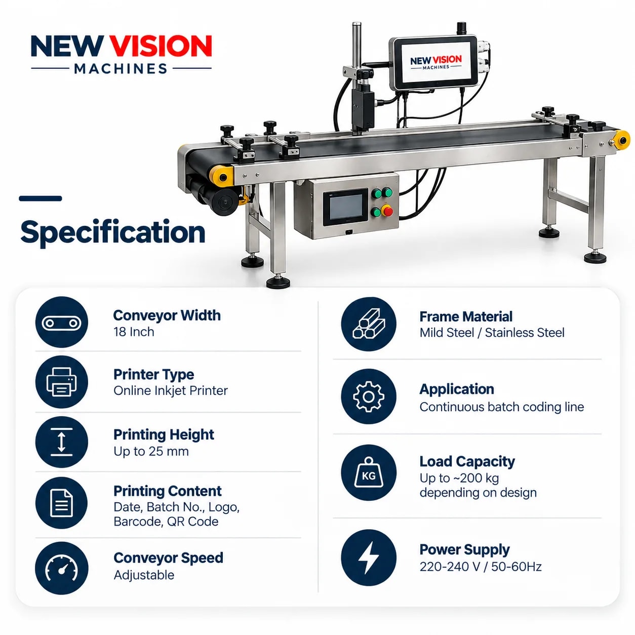 18 Inch Conveyor with 25mm Online Batch Coding Printer — precision nozzles, filling heads & mechanical assembly