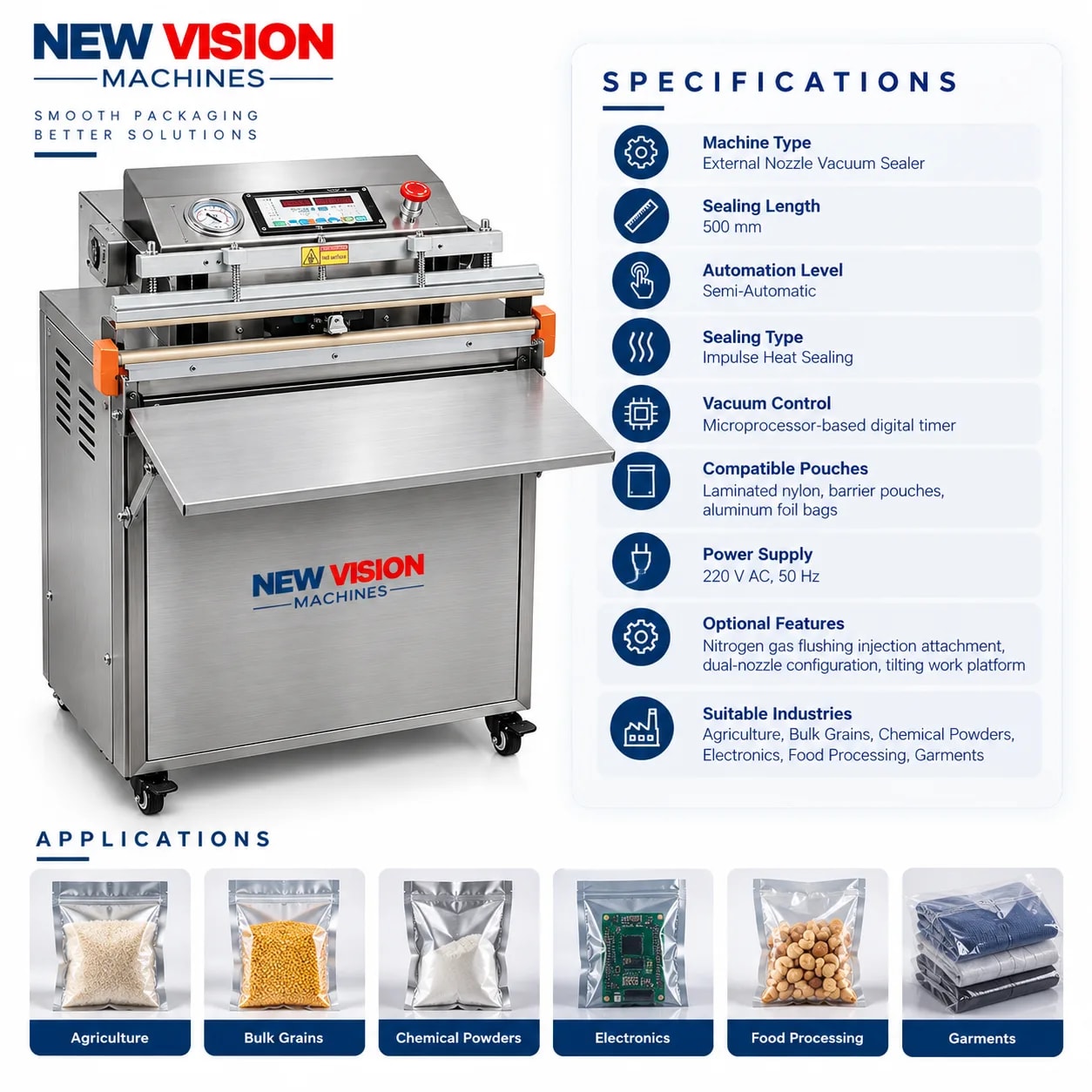External Nozzle Vacuum Packing Machine for Large Bags — precision nozzles, filling heads & mechanical assembly