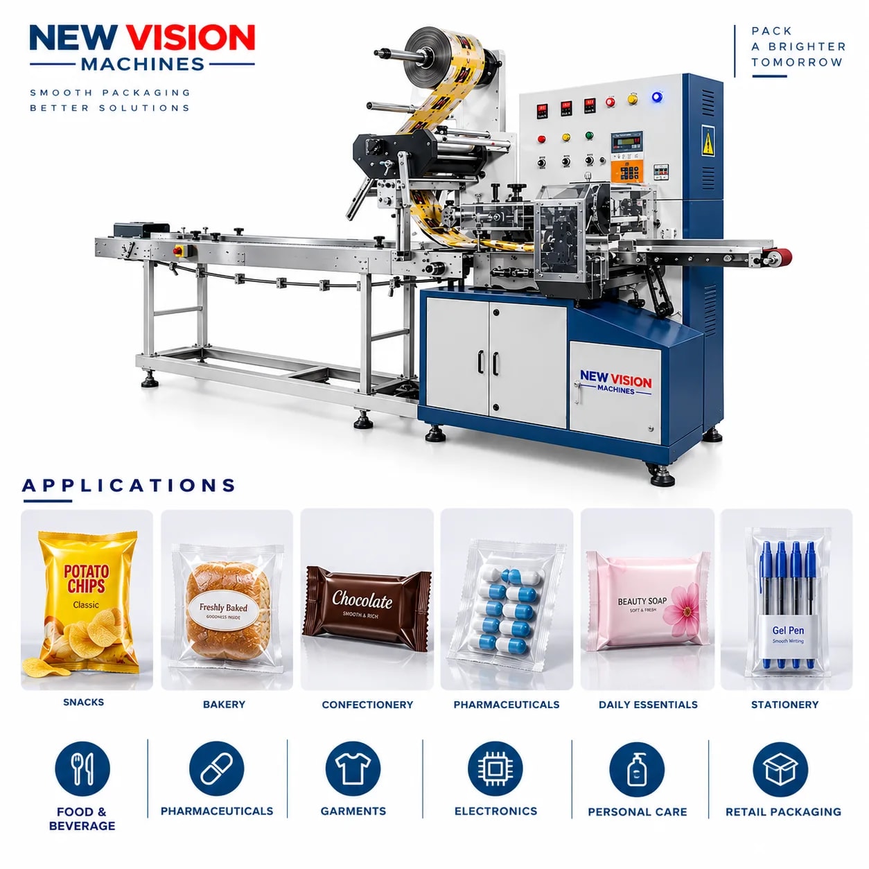 Automatic Horizontal Flow Wrap Machine for Pillow Packs — heavy-duty SS 304 food-grade construction & conveyor setup