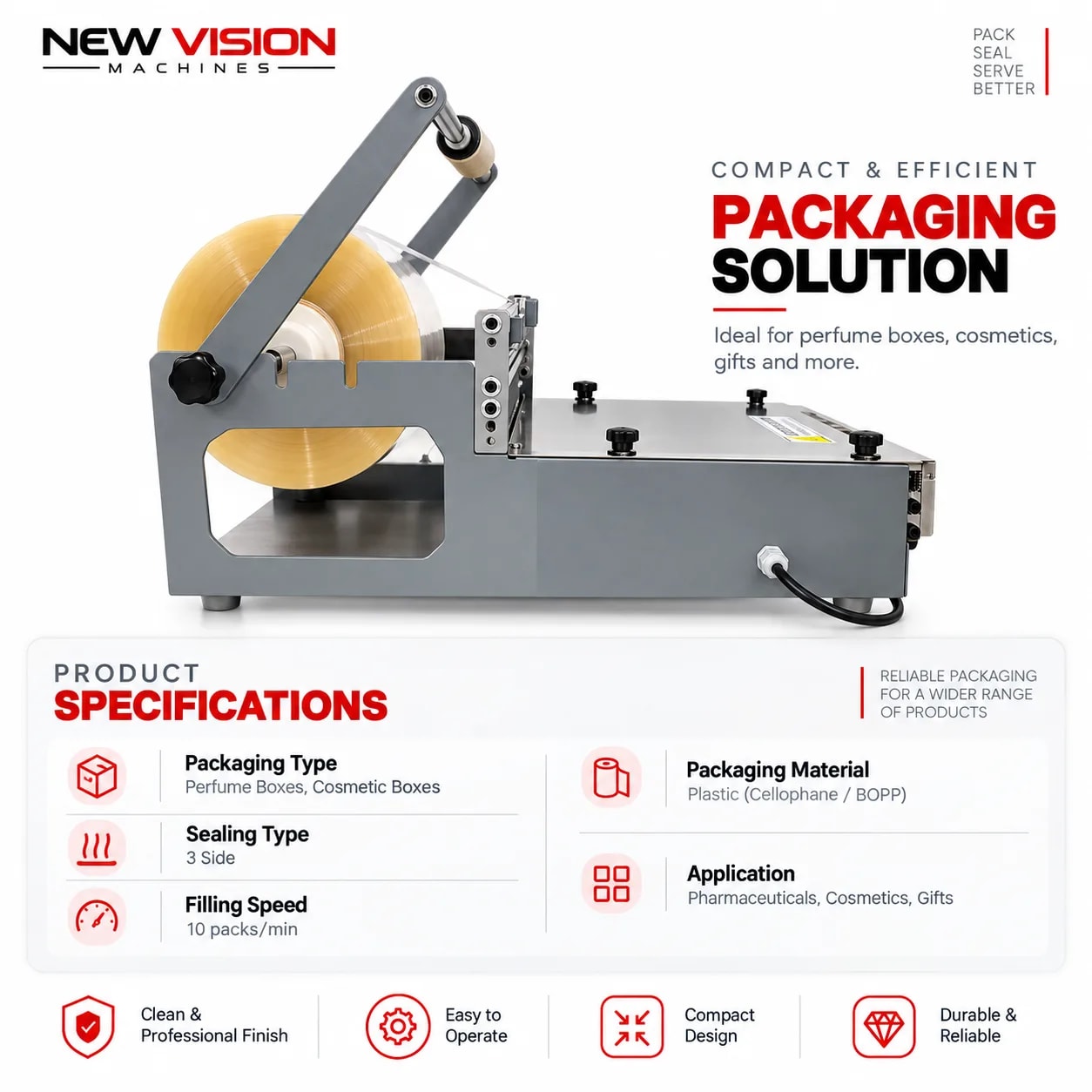 Manual Cellophane Overwrapping Machine with Tear Tape — heavy-duty SS 304 food-grade construction & conveyor setup