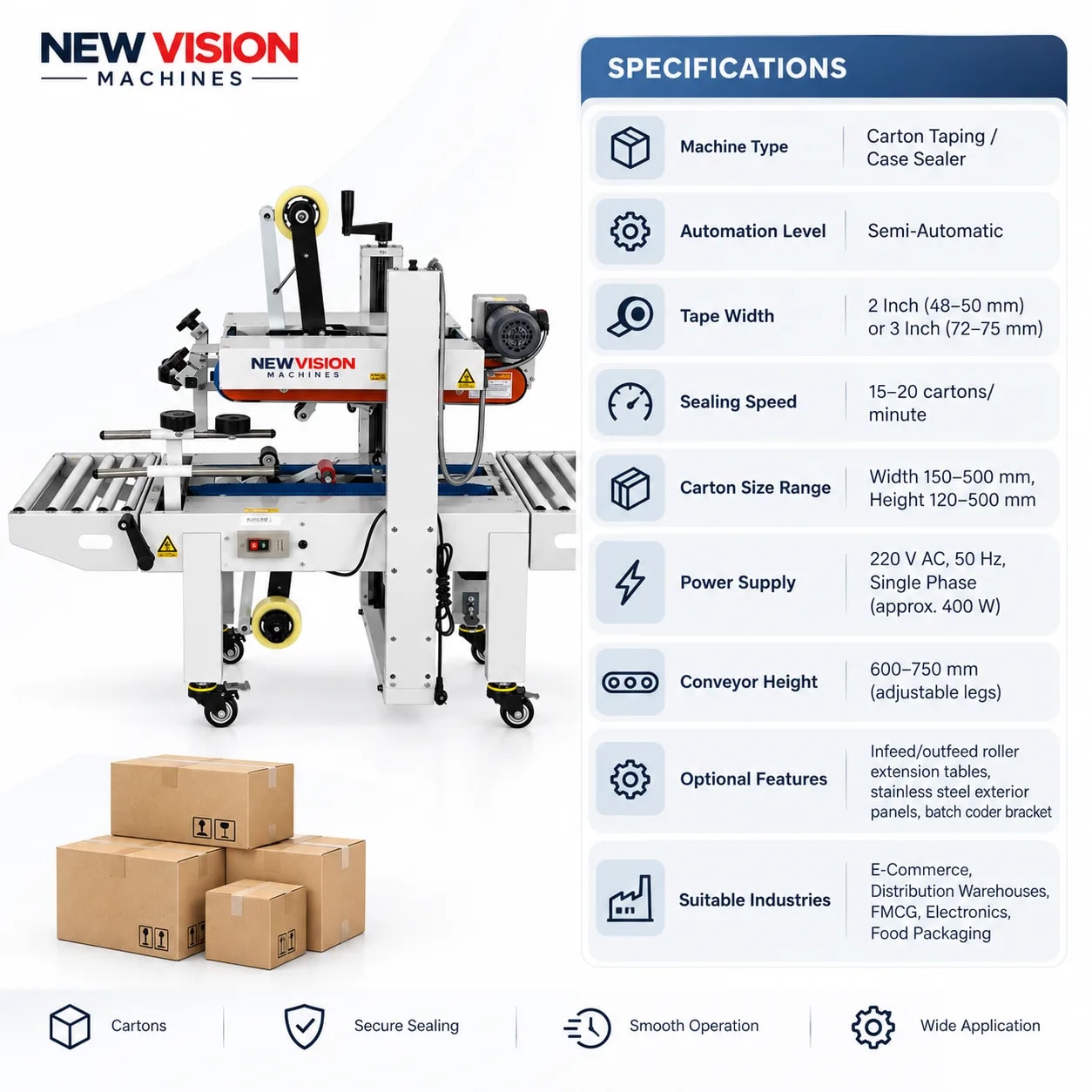 Semi Automatic Carton Sealing Machine (Top & Bottom) — precision nozzles, filling heads & mechanical assembly