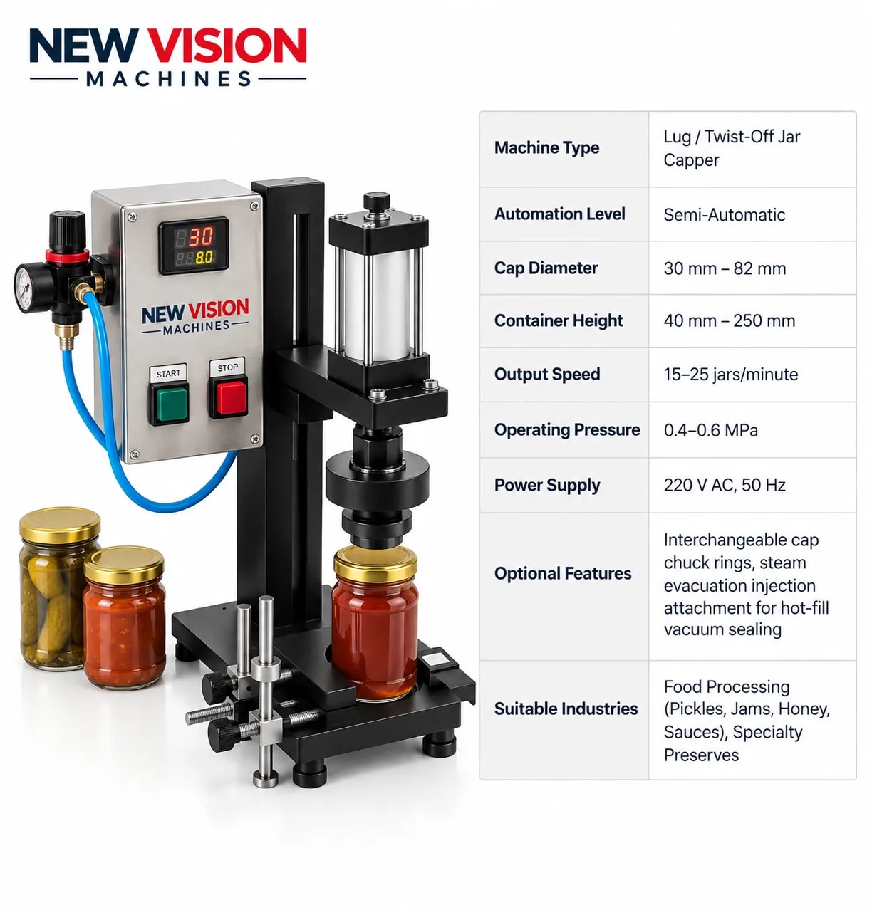 Semi Automatic Lug Cap Sealing Machine for Glass Jars — precision nozzles, filling heads & mechanical assembly