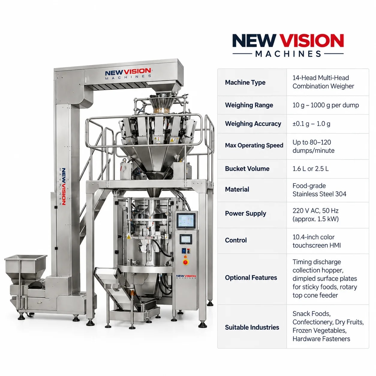 14 Head Multihead Weigher for Snacks & Namkeen — precision nozzles, filling heads & mechanical assembly
