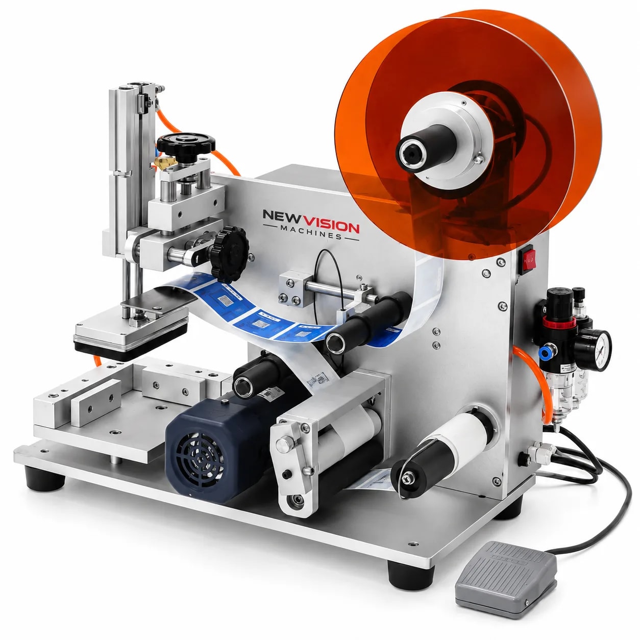 Semi Automatic Round Bottle Labeling Machine with Batch Coder — Labeling Machines manufactured by New Vision Machines Indore
