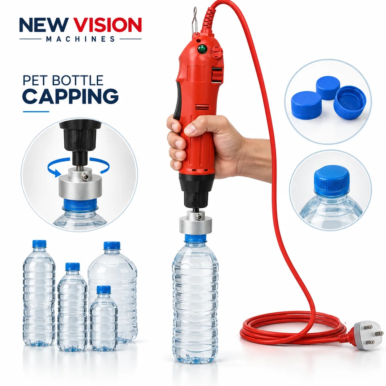 Handheld Bottle Capping Machine — Electric for 10-50mm Caps — heavy-duty SS 304 food-grade construction & conveyor setup