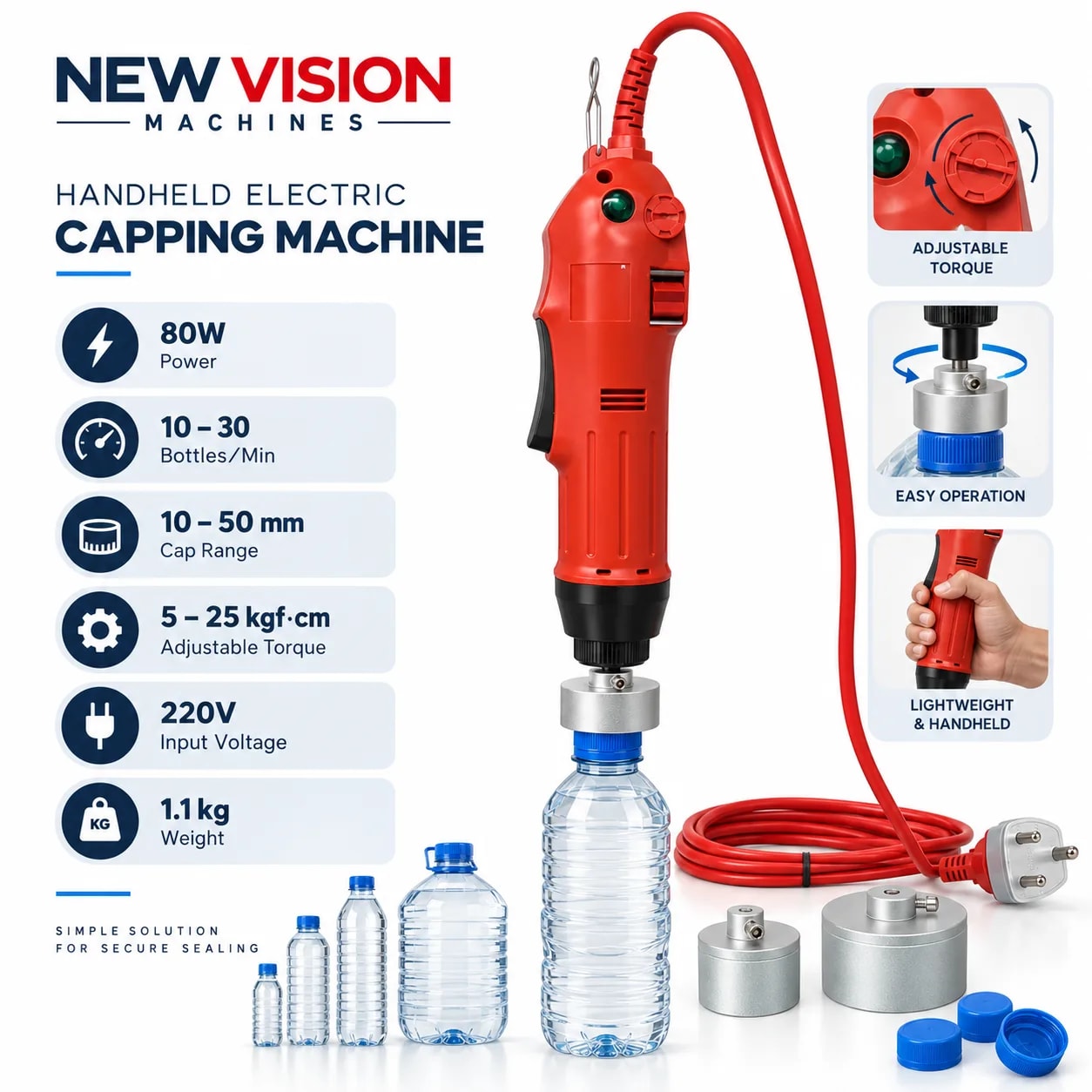 Handheld Bottle Capping Machine — Electric for 10-50mm Caps — precision nozzles, filling heads & mechanical assembly