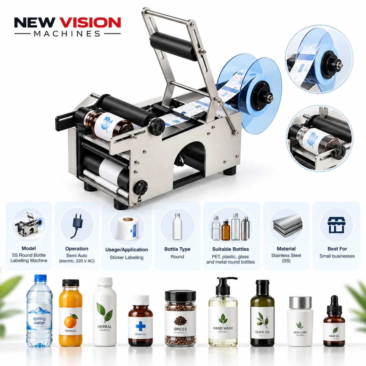 New Vision Machines SS Round Bottle Sticker Labeling Machine — precision nozzles, filling heads & mechanical assembly