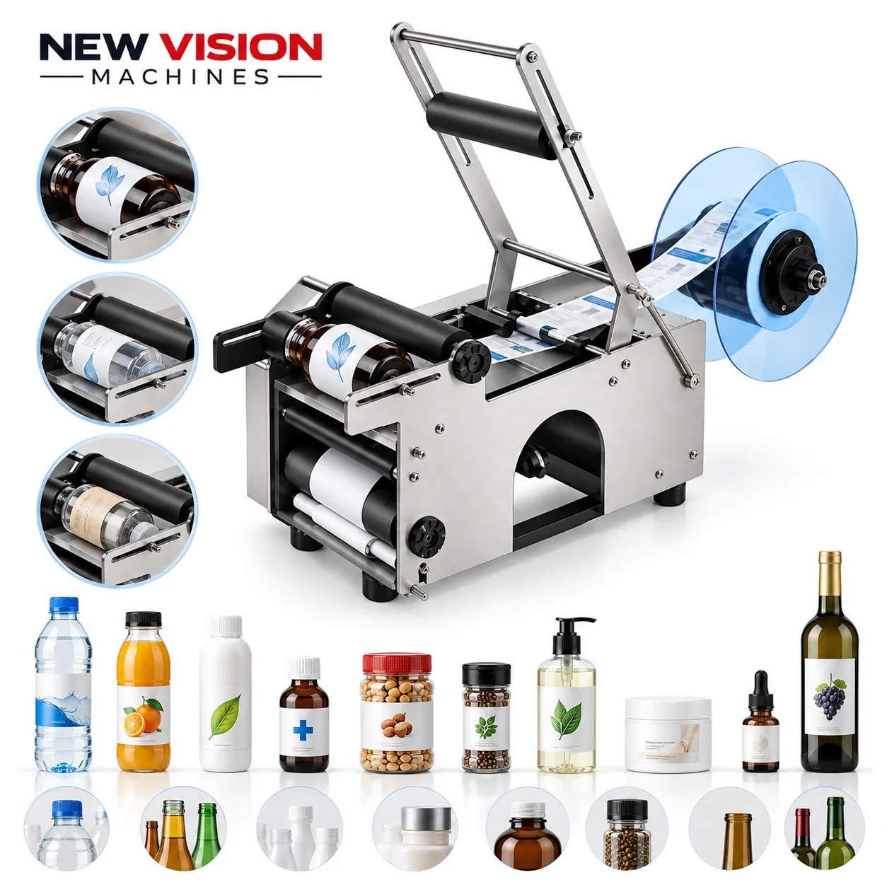 New Vision Machines SS Round Bottle Sticker Labeling Machine — heavy-duty SS 304 food-grade construction & conveyor setup