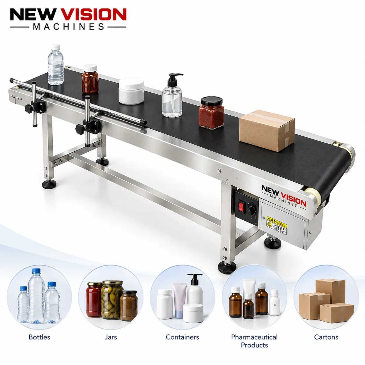 New Vision Machines 8 Inch Belt Conveyor for Thermal Inkjet Printers — heavy-duty SS 304 food-grade construction & conveyor setup