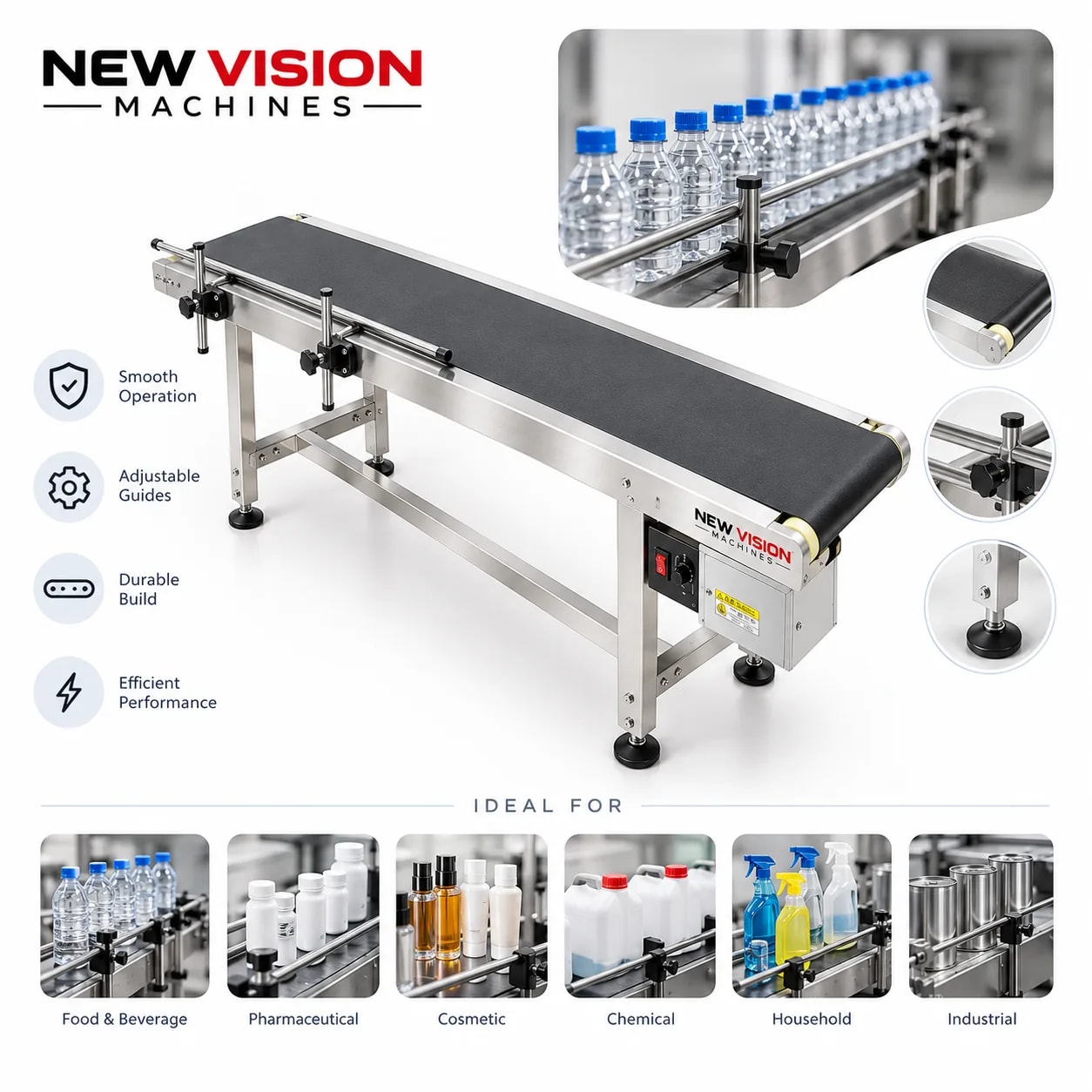 New Vision Machines 8 Inch Belt Conveyor for Thermal Inkjet Printers — Delta PLC touch screen & automated control panel layout
