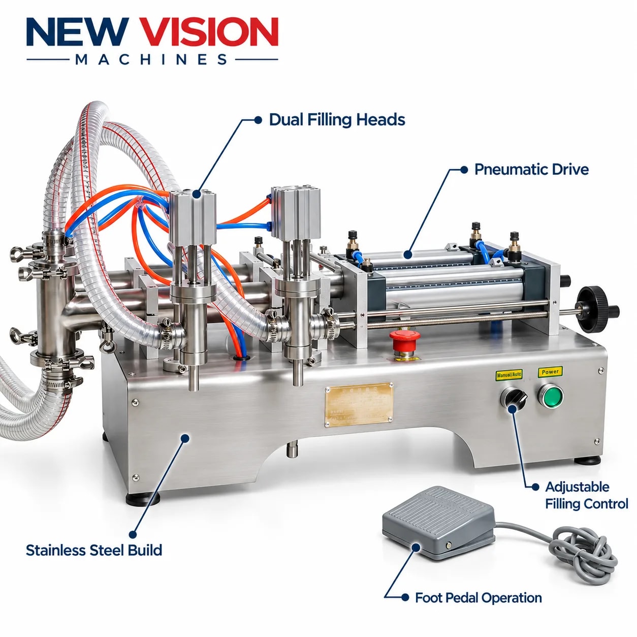 New Vision Machines Liquid Filling Machine — heavy-duty SS 304 food-grade construction & conveyor setup
