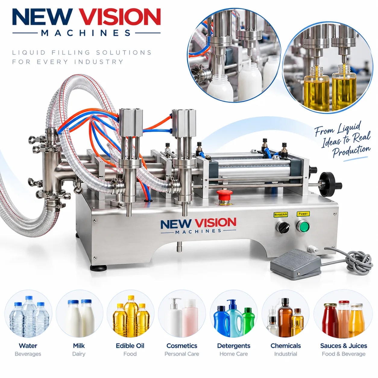 New Vision Machines Liquid Filling Machine — precision nozzles, filling heads & mechanical assembly