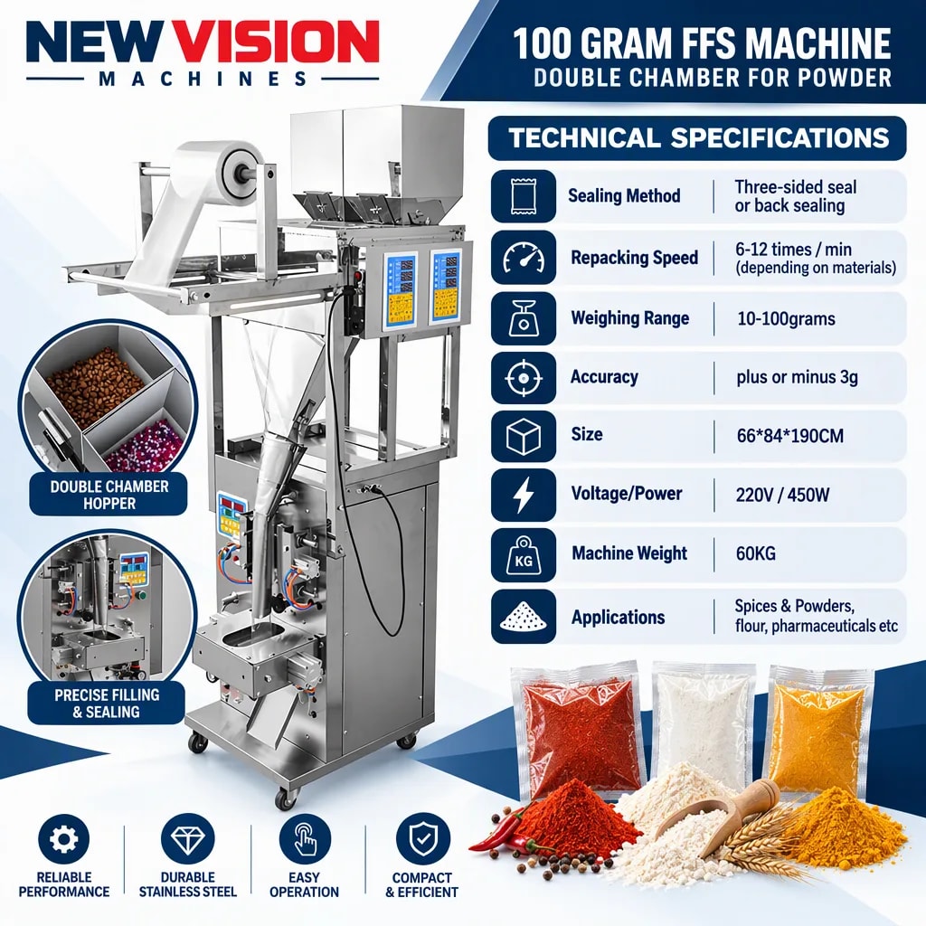 New Vision Machines 100 Gram FFS Machine Double Chamber for Powder — heavy-duty SS 304 food-grade construction & conveyor setup