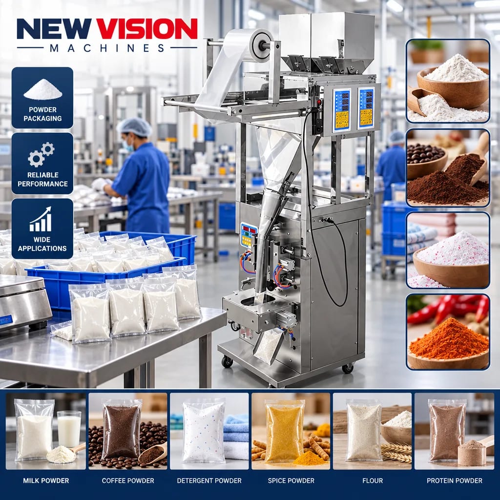 New Vision Machines 100 Gram FFS Machine Double Chamber for Powder — precision nozzles, filling heads & mechanical assembly