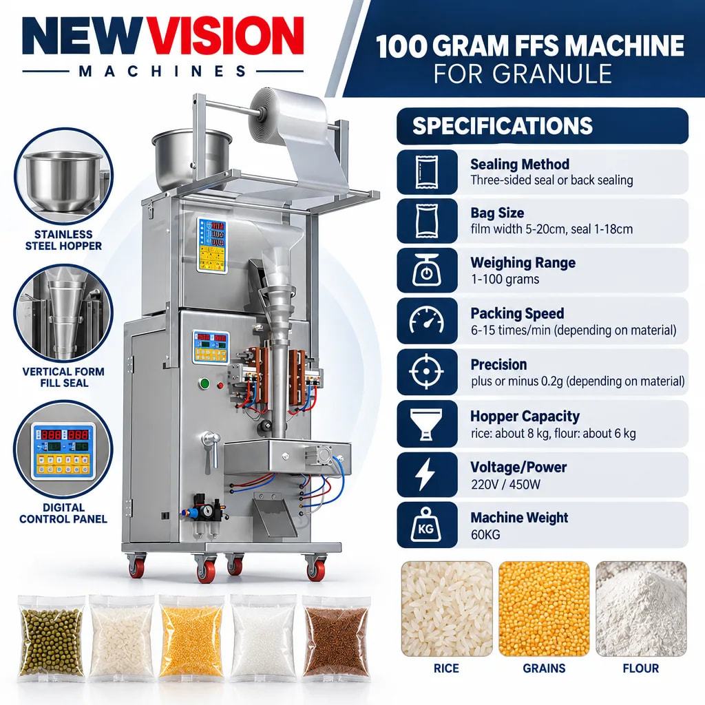 New Vision Machines 100 Gram FFS Machine for Granule — precision nozzles, filling heads & mechanical assembly