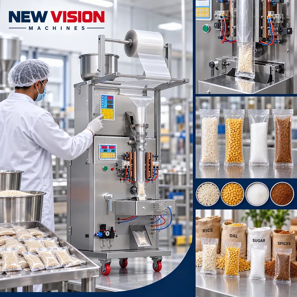 New Vision Machines 100 Gram FFS Machine for Granule — heavy-duty SS 304 food-grade construction & conveyor setup