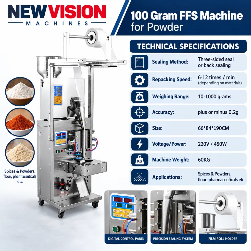 New Vision Machines 100 Gram FFS Machine for Powder — precision nozzles, filling heads & mechanical assembly
