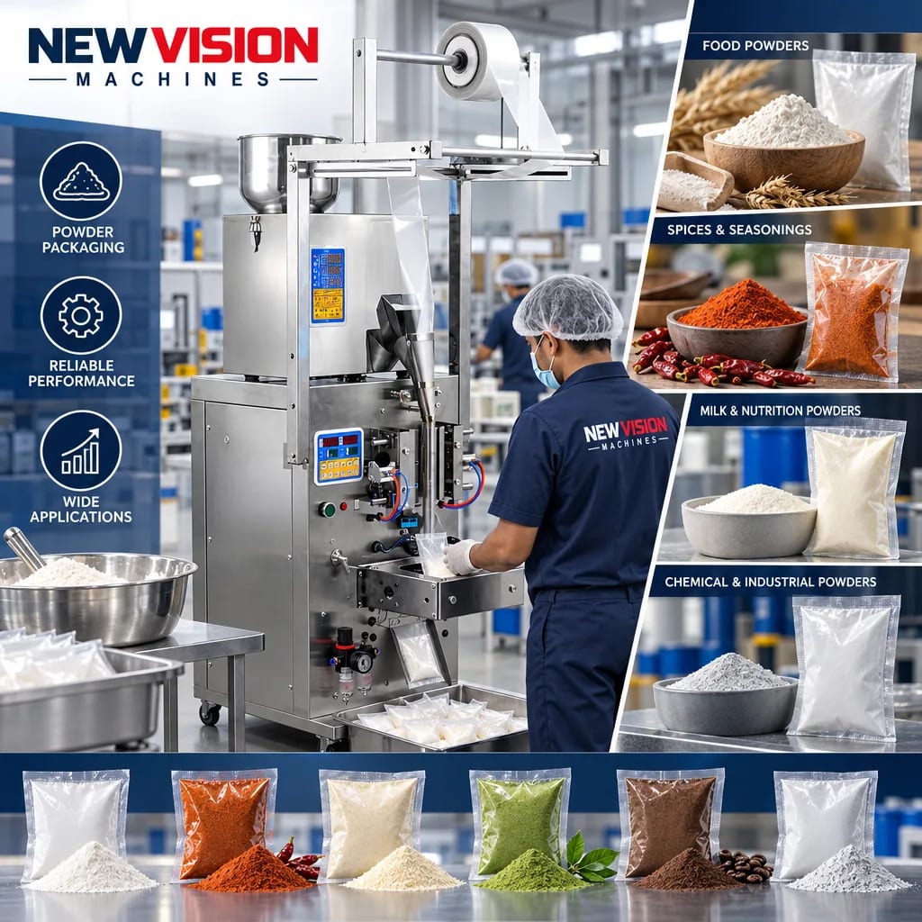 New Vision Machines 100 Gram FFS Machine for Powder — heavy-duty SS 304 food-grade construction & conveyor setup
