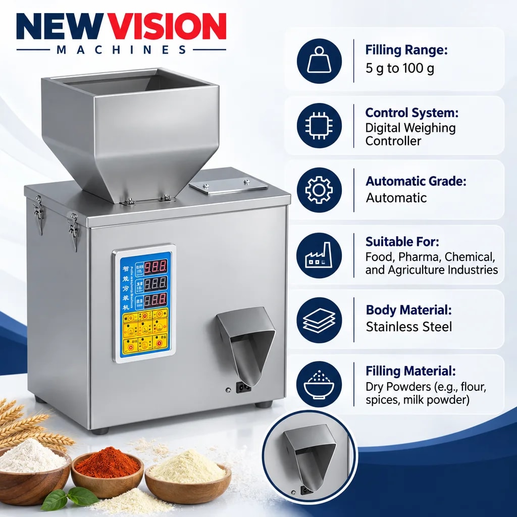 New Vision Machines 100 Gram Filling Machine for Powder — precision nozzles, filling heads & mechanical assembly