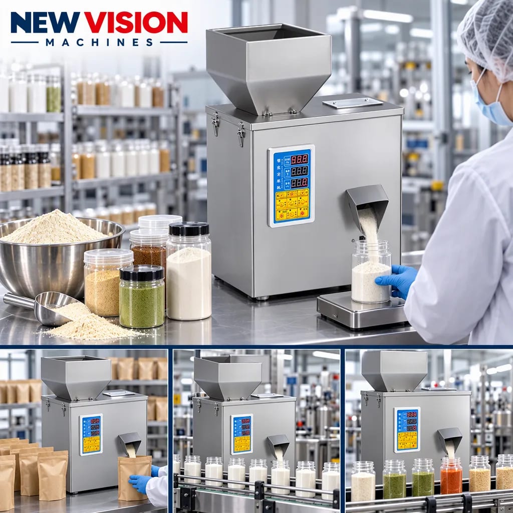 New Vision Machines 100 Gram Filling Machine for Powder — heavy-duty SS 304 food-grade construction & conveyor setup