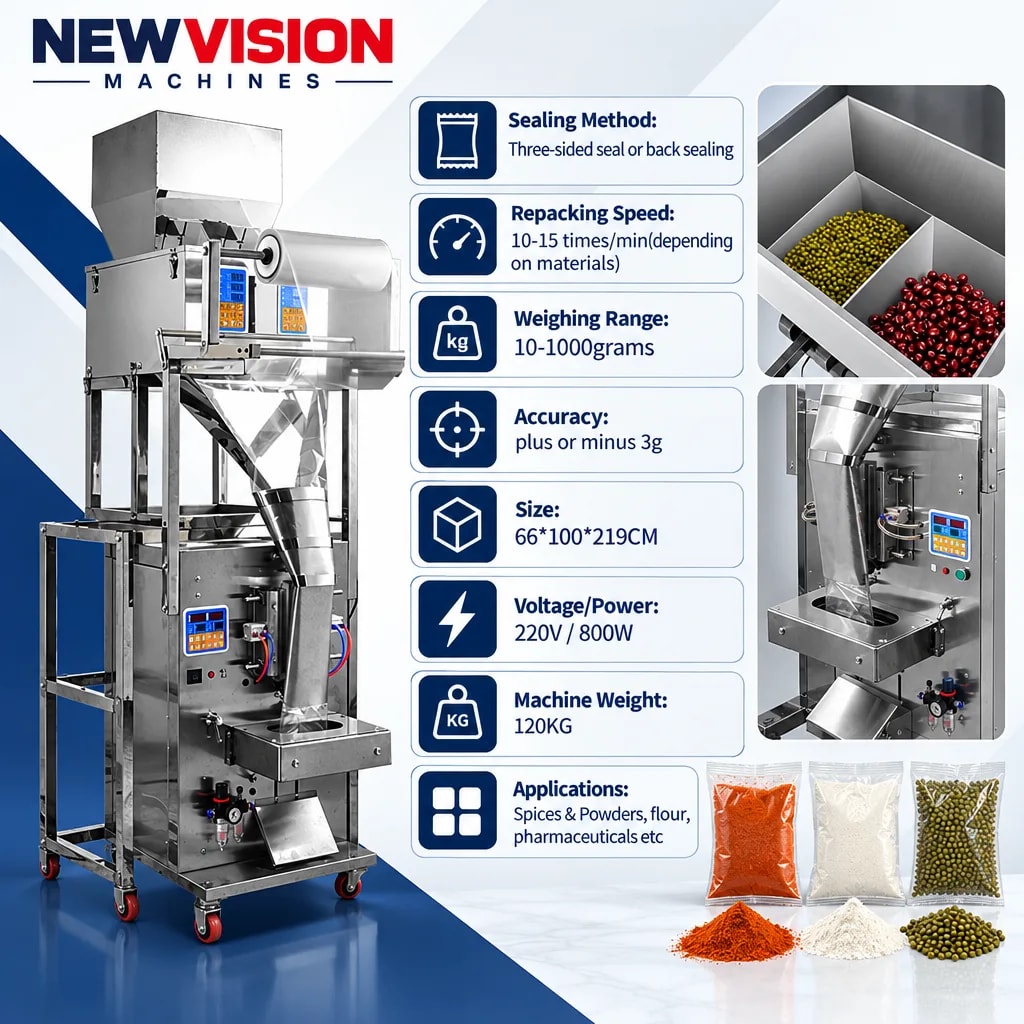 New Vision Machines 1000 Gram FFS Machine Double Chamber — precision nozzles, filling heads & mechanical assembly