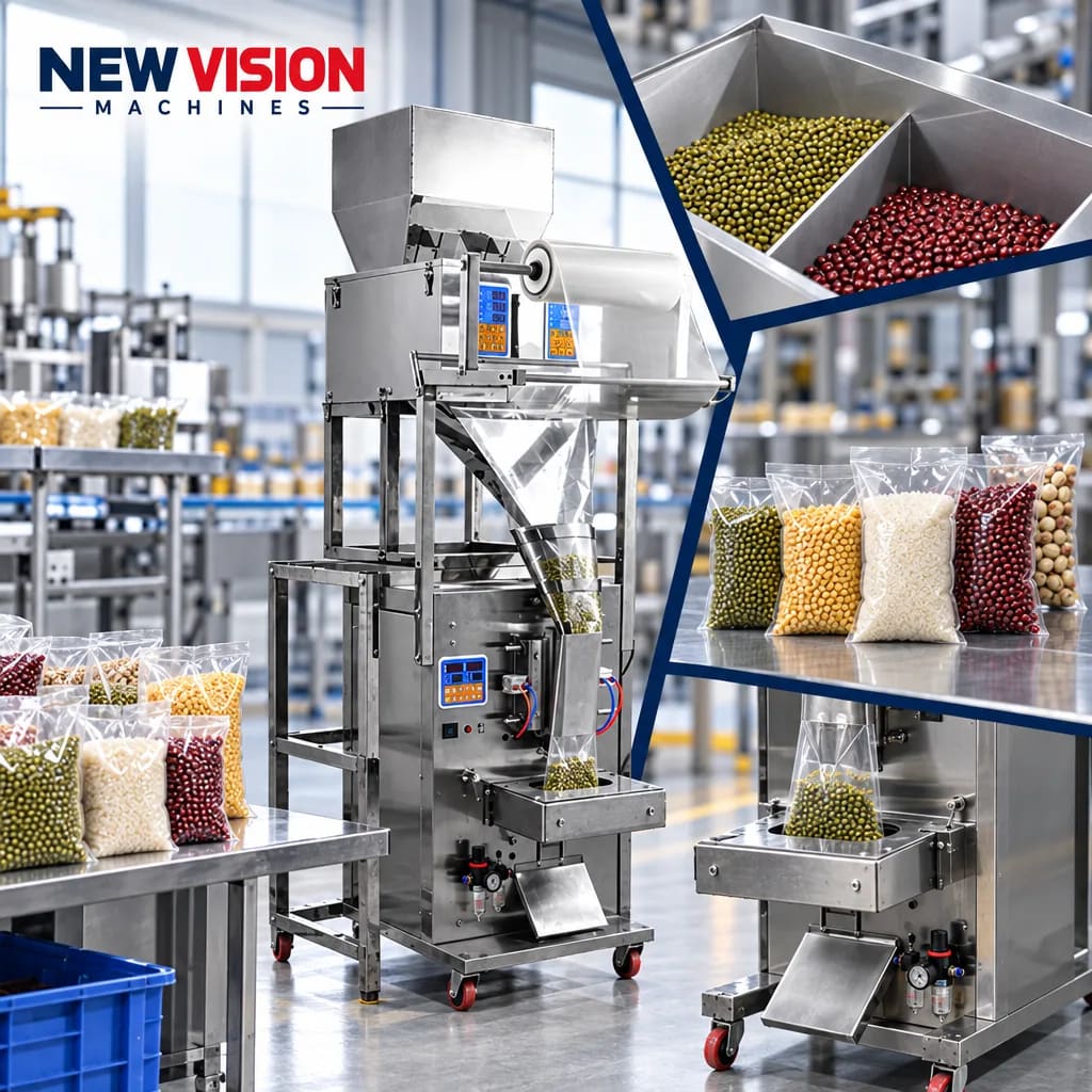 New Vision Machines 1000 Gram FFS Machine Double Chamber — heavy-duty SS 304 food-grade construction & conveyor setup