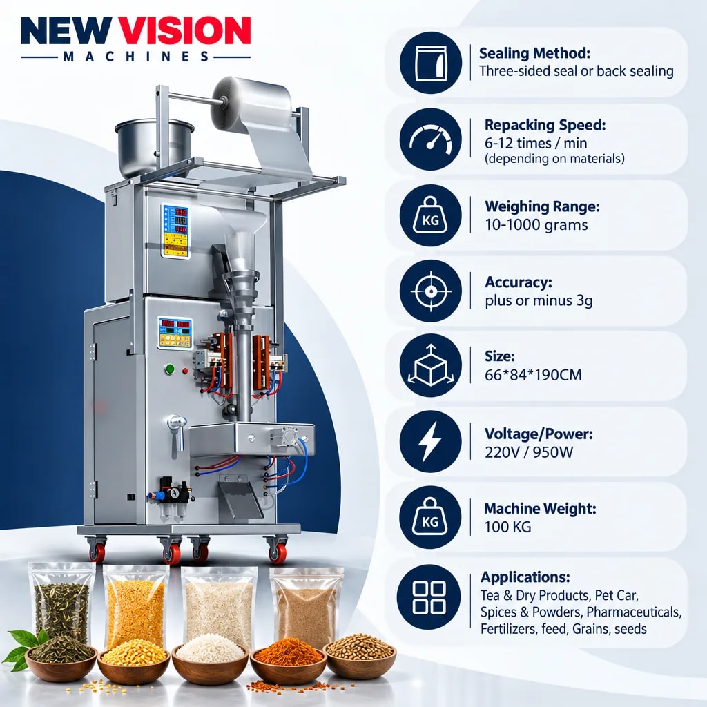 New Vision Machines 1000 Gram FFS Machine for Granule — precision nozzles, filling heads & mechanical assembly